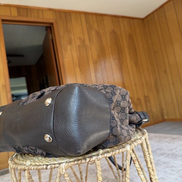 GUCCI GG Nylon Full Moon Tote Bag Brown Leather Canvas Large Monogrammed Print - Picture 7 of 16